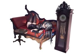 Rule 34 | 1girl, azur lane, between breasts, book, breasts, clock, couch, cushion, dress, garter straps, grandfather clock, grey hair, hair between eyes, head wings, highres, knee up, leg up, long hair, looking at viewer, lying, medium breasts, multicolored hair, no shoes, official art, on back, on couch, ootsuki momiji, parted lips, red eyes, roman numeral, solo, streaked hair, thighhighs, transparent background, u-47 (azur lane), u-47 (sanguine moon sojourn) (azur lane), white hair, wings