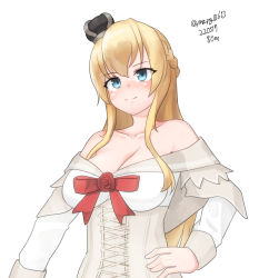 Rule 34 | 1girl, absurdres, black hairband, blonde hair, blue eyes, braid, breasts, cleavage, collarbone, corset, crown, dress, flower, french braid, hairband, hand on own hip, highres, kantai collection, long hair, long sleeves, maru (marg0613), medium breasts, mini crown, off-shoulder dress, off shoulder, red flower, red ribbon, red rose, ribbon, rose, simple background, solo, warspite (kancolle), white background, white dress