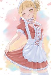 Rule 34 | 1girl, apron, blonde hair, blush, boku no hero academia, breasts, choker, cleavage, double bun, hair bun, hair ornament, highres, kiina (mrnsor), looking at viewer, maid, maid apron, maid headdress, one eye closed, simple background, slit pupils, solo, thighhighs, toga himiko, tongue, tongue out, white background, yellow eyes