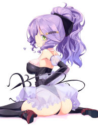 Rule 34 | 1girl, ass, black thighhighs, bow, breasts, chandelure, costume, covered erect nipples, creatures (company), elbow gloves, game freak, gen 5 pokemon, gloves, green eyes, hair bow, hair ornament, hairclip, heart, highres, homura subaru, large breasts, looking back, md5 mismatch, nintendo, personification, pokemon, ponytail, purple hair, see-through, simple background, smile, solo, thighhighs, white background