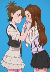 Rule 34 | 2girls, bad id, bad nicoseiga id, blue background, blush, brown hair, dress, eye contact, face-to-face, fingersmile, futami ami, hair bobbles, hair ornament, idolmaster, idolmaster (classic), long hair, looking at another, minase iori, multiple girls, red10, short hair, skirt, smile, stuffed animal, stuffed rabbit, stuffed toy, vest