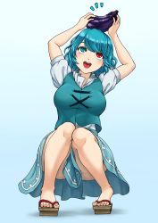 Rule 34 | 1girl, blue eyes, blue hair, blue skirt, blue vest, blush, breasts, commentary request, eggplant, food, food on head, full body, geta, heterochromia, highres, large breasts, notice lines, object on head, open mouth, panties, parasite oyatsu, red eyes, shirt, short hair, short sleeves, skirt, smile, solo, squatting, tatara kogasa, touhou, underwear, vest, white panties, white shirt