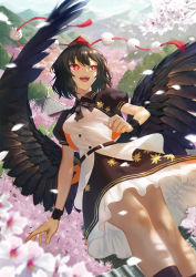 Rule 34 | 1girl, :d, architecture, belt, bird wings, black hair, black legwear, black neckwear, black ribbon, black skirt, blurry, blurry foreground, breasts, bright pupils, cherry blossoms, commentary request, depth of field, dutch angle, east asian architecture, feathered wings, feet out of frame, flower, from below, hat, highres, leaf print, medium breasts, mountain, open mouth, pom pom (clothes), puffy short sleeves, puffy sleeves, red eyes, red hat, ribbon, sanwood mori, shameimaru aya, shirt, short hair, short sleeves, skirt, sky, smile, solo, standing, thighs, tokin hat, touhou, tree, white shirt, wings