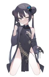 Rule 34 | 1girl, absurdres, bad id, bad pixiv id, bare shoulders, black hair, black jacket, blue archive, breasts, butterfly hair ornament, china dress, chinese clothes, closed mouth, commentary, covered navel, double bun, dragon print, dress, grey eyes, hair bun, hair ornament, highres, jacket, kisaki (blue archive), long hair, looking at viewer, mokew, one eye closed, print dress, simple background, sleeveless, sleeveless dress, small breasts, solo, striped clothes, striped jacket, thighs, twintails, vertical-striped clothes, vertical-striped jacket, white background