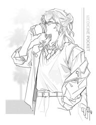 Rule 34 | 1other, androgynous, belt, character name, collared shirt, cup, disposable cup, drinking, glasses, greyscale, hand up, highres, holding, holding cup, jacket, lineart, medicine pocket, medium hair, monochrome, necktie, nellr art, off shoulder, official alternate costume, pants, reverse:1999, shirt, sweater vest, upper body, white background