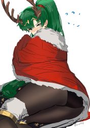 Rule 34 | 1girl, absurdres, ass, black pantyhose, blush, bodysuit, boots, bracelet, cape, christmas, cosplay, embarrassed, fire emblem, fire emblem: the blazing blade, fire emblem awakening, fire emblem heroes, green eyes, green hair, high ponytail, highres, horns, jewelry, long hair, looking at viewer, lyn (fire emblem), nintendo, ormille, pantyhose, ponytail, solo, tharja (cosplay), tharja (fire emblem), tharja (winter) (fire emblem), thighhighs, thighhighs under boots, tiara, white background