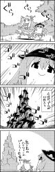 Rule 34 | 1girl, 4koma, ^^^, bag, bow, bowtie, comic, commentary request, earthquake, closed eyes, food, from behind, fruit, gourd, greyscale, hair bow, hat, highres, hinanawi tenshi, horn bow, horn ornament, horns, ibuki suika, long hair, monochrome, open mouth, peach, smile, tani takeshi, touhou, translation request, yukkuri shiteitte ne