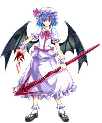 Rule 34 | 1girl, bat wings, blue hair, broom, chain, female focus, hasekura noizu, hat, highres, mary janes, neckerchief, red eyes, remilia scarlet, shoes, short hair, skirt, smile, solo, spear the gungnir, tongue, tongue out, touhou, wings, wrist cuffs