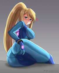 Rule 34 | 1girl, ass, ass grab, blonde hair, blue eyes, blush, bodysuit, breasts, cameltoe, canadiananiguy, cleft of venus, grabbing own ass, highres, large breasts, looking at viewer, metroid, nintendo, ponytail, samus aran, skin tight, smile, solo, zero suit
