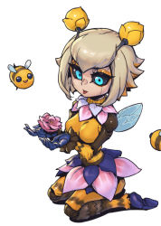Rule 34 | 1girl, animal, bee, black sclera, blonde hair, breasts, bug, colored sclera, flower, green eyes, grey background, insect, joints, large breasts, league of legends, orbeeanna, orianna (league of legends), phantom ix row, pink flower, robot joints, seiza, short hair, simple background, sitting, skirt, solo, tongue, tongue out, wings