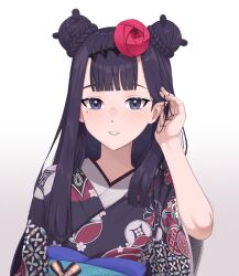 Rule 34 | 1girl, absurdres, blush, double bun, floral print, grin, hair bun, highres, hololive, hololive english, japanese clothes, kimono, kuon bb, looking at viewer, mole, mole under eye, ninomae ina&#039;nis, ninomae ina&#039;nis (new year), pointy ears, purple eyes, purple hair, sash, simple background, smile, solo, virtual youtuber, white background