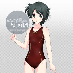 Rule 34 | 1girl, artist name, black hair, blush, brown eyes, brown one-piece swimsuit, character name, checkered background, clothes writing, collarbone, commentary request, competition swimsuit, cowboy shot, eyes visible through hair, flat chest, gradient background, grey background, groin, inaba shiki, kantai collection, looking at viewer, mogami (kancolle), multicolored clothes, multicolored swimsuit, one-hour drawing challenge, one-piece swimsuit, red one-piece swimsuit, short hair, simple background, solo, striped clothes, striped one-piece swimsuit, swimsuit, vertical-striped clothes, vertical-striped one-piece swimsuit