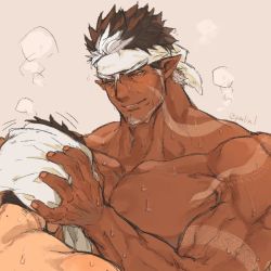 Rule 34 | 2boys, bara, beard, brown hair, dark-skinned male, dark skin, facial hair, hands on another&#039;s head, large pectorals, looking at another, male focus, protagonist 3 (housamo), mature male, multicolored hair, multiple boys, muscular, muscular male, nude, pectorals, pmlial, short hair, smile, spiked hair, tangaroa (housamo), tokyo houkago summoners, towel, towel on head, two-tone hair, upper body, very dark skin, wet, white hair, wiping, yaoi