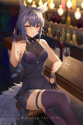 Rule 34 | 1girl, alternate costume, animal ears, arknights, bar (place), bare arms, bare shoulders, blush, bottle, braid, chinese commentary, commentary request, cup, dress, drinking glass, feet out of frame, gloves, highres, hongbaise raw, indoors, long hair, looking at viewer, provence (arknights), purple dress, purple gloves, purple hair, purple thighhighs, sitting, sleeveless, sleeveless dress, smile, solo, tail, thigh strap, thighhighs, thighs, very long hair, wine bottle, wine glass, wolf ears, wolf tail, yellow eyes