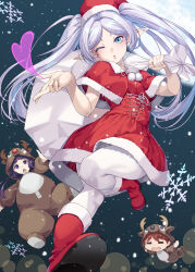 Rule 34 | 1boy, 2girls, :o, absurdres, alternate costume, animal costume, animal hood, blue eyes, boots, brown hair, capelet, chibi, christmas, closed eyes, commentary, dress, elf, english commentary, fern (sousou no frieren), frieren, fur-trimmed capelet, fur-trimmed dress, fur-trimmed footwear, fur trim, hat, heart, highres, holding, holding sack, hood, hood up, long hair, looking at viewer, mukunokino isshiki, multiple girls, one eye closed, pantyhose, parted bangs, pointy ears, purple hair, red capelet, red dress, red footwear, reindeer costume, sack, santa costume, santa hat, sleeveless, sleeveless dress, snow, snowing, sousou no frieren, stark (sousou no frieren), straight hair, twintails, very long hair, white hair, white pantyhose