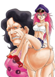 Rule 34 | 1boy, 1girl, arm support, biker cap, black hair, blue eyes, breasts, capcom, clenched teeth, cuffs, cutoffs, denim, denim shorts, final fight, handcuffs, hat, high heels, hugo andore, impossible clothes, long hair, looking at viewer, medium breasts, midriff, muscular, navel, peaked cap, pink hair, poison (final fight), red footwear, shoes, shorts, simple background, sitting, sitting on person, sitting on shoulder, size difference, smirk, street fighter, teeth, white background
