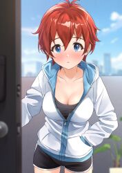 Rule 34 | 1girl, :o, absurdres, b1ack illust, black shorts, blue eyes, blurry, blurry background, blush, breasts, cleavage, collarbone, dolphin shorts, door, hand in pocket, highres, hood, hooded jacket, idolmaster, idolmaster million live!, jacket, julia (idolmaster), looking at viewer, medium breasts, plant, potted plant, red hair, short hair, shorts, solo, sweat, track jacket
