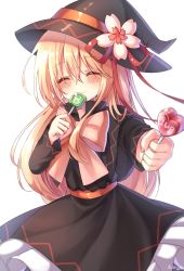 Rule 34 | 1girl, ^ ^, absurdres, alternate costume, alternate headwear, artist name, bad id, bad pixiv id, black dress, black hat, blonde hair, blush, bow, bowtie, candy, closed eyes, commentary request, cowboy shot, dress, facing viewer, flower, food, hair between eyes, halloween, hand up, hat, hat flower, hat ribbon, highres, holding, holding food, lily white, lollipop, long hair, long sleeves, petticoat, pink bow, pink bowtie, pink flower, power-up, pudding (skymint 028), red ribbon, red sash, ribbon, sash, signature, simple background, smile, solo, standing, touhou, white background, witch hat