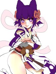 Rule 34 | 1girl, blush, breasts, character request, closed mouth, clover-shaped pupils, copyright request, detached sleeves, hair ornament, haseru (ginku mh), highres, large breasts, looking at viewer, pelvic curtain, pointy ears, pointy hair, purple eyes, purple hair, ribbon-trimmed sleeves, ribbon trim, simple background, smile, solo, symbol-shaped pupils, white background