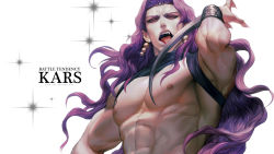Rule 34 | 1boy, abs, arm blade, earrings, fabulous, fingernails, highres, horns, jewelry, jojo no kimyou na bouken, kars (jojo), licking, licking blade, licking weapon, long fingernails, long hair, male focus, manly, muscular, pectorals, purple hair, rae, red eyes, solo, weapon