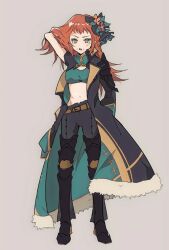 Rule 34 | 1girl, arm up, armor, belt, black coat, black pants, brown belt, coat, crop top, fire emblem, fire emblem engage, full body, greaves, grey background, grey eyes, hair ornament, highres, long hair, looking at viewer, midriff, navel, nintendo, oda32t, open clothes, open coat, orange hair, panette (fire emblem), pants, shoulder armor, simple background, solo, sports bra, standing, stomach, warrior outfit (fire emblem engage)
