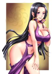 Rule 34 | 1girl, azdraw, black hair, blush, boa hancock, breasts, brown eyes, china dress, chinese clothes, choker, curvy, dress, earrings, hand over breasts, huge breasts, impossible clothes, impossible dress, jewelry, long hair, one piece, side slit, smile, solo, tagme, torn clothes