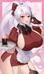 Rule 34 | 1girl, absurdres, alternate breast size, alternate costume, apron, azur lane, black bow, black collar, black thighhighs, bow, breasts, buttons, collar, collared shirt, cowboy shot, cup, double-breasted, food, frilled apron, frills, from side, fruit, hair bow, highres, holding, holding tray, huge breasts, long hair, maid headdress, maitei roppa, mole, mole on breast, multicolored hair, orange (fruit), orange slice, prinz eugen (azur lane), puffy short sleeves, puffy sleeves, red bow, red eyes, red garter straps, red hair, red shirt, shirt, short sleeves, sideboob, simple background, solo, streaked hair, thick thighs, thighhighs, thighs, tray, two-tone gloves, two-tone hair, very long hair, white apron, white hair, wing collar