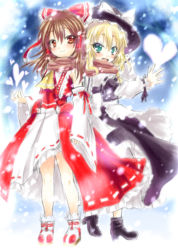 Rule 34 | 2girls, detached sleeves, female focus, hakurei reimu, hat, heart, japanese clothes, kirisame marisa, miko, multiple girls, perfect cherry blossom, saki chisuzu, scarf, shared clothes, shared scarf, touhou, witch, witch hat