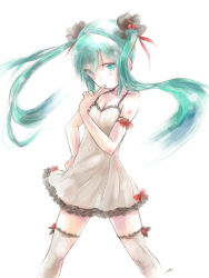 Rule 34 | 1girl, aqua eyes, aqua hair, artist name, bow, dress, finger to mouth, hand on own hip, hatsune miku, highres, kowiru, long hair, simple background, solo, tattoo, thighhighs, twintails, vocaloid, white background