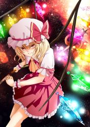 Rule 34 | 1girl, absurdres, ascot, bad hands, blonde hair, bow, female focus, flandre scarlet, glowing, glowing wings, hat, hat ribbon, highres, md5 mismatch, mikoma sanagi, polearm, red eyes, ribbon, short hair, skirt, smile, smirk, solo, spear, touhou, weapon, wings