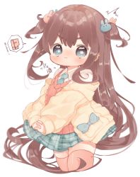 Rule 34 | !?, 1girl, :&lt;, blue bow, blue eyes, blush, bow, brown hair, collared shirt, commentary request, cropped legs, green skirt, highres, hood, hoodie, long hair, original, plaid, plaid skirt, pleated skirt, rabbit-shaped pupils, red sweater, red thighhighs, shirt, short twintails, sidelocks, simple background, skirt, solo, spoken interrobang, sweater, symbol-shaped pupils, thighhighs, translation request, twintails, upa papa co, v-shaped eyebrows, very long hair, white background, white shirt, yellow hoodie, zettai ryouiki