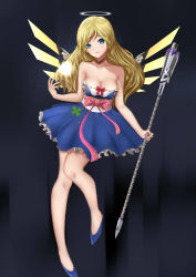 Rule 34 | 1girl, absurdres, alternate costume, alternate hairstyle, bare arms, bare shoulders, blonde hair, blue dress, blue eyes, blue footwear, bow, breasts, choker, cleavage, closed mouth, collarbone, dress, energy ball, frilled skirt, frills, full body, gengetsu aya, hair down, halo, hand up, highres, holding, holding staff, long hair, looking at viewer, mechanical wings, medium breasts, mercy (overwatch), obi, overwatch, overwatch 1, red bow, sash, shoes, short dress, skirt, smile, solo, spread wings, staff, standing, strapless, strapless dress, wings, yellow wings