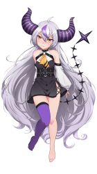 Rule 34 | 1girl, absurdres, ahoge, arm behind back, ascot, bare shoulders, black dress, braid, breasts, commentary, detached sleeves, dress, full body, grey hair, hair between eyes, highres, hololive, horns, la+ darknesss, long hair, looking away, looking to the side, medium breasts, multicolored hair, no shoes, o-ring, p-nekoe, pointy ears, purple hair, purple thighhighs, side slit, simple background, single bare leg, single thighhigh, slit pupils, solo, streaked hair, striped horns, thighhighs, two-tone hair, very long hair, virtual youtuber, white background, yellow ascot, yellow eyes