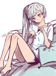 Rule 34 | 1girl, applying manicure, artist name, bad id, bad twitter id, blue eyes, couch, ecru, nail polish, painting nails, ponytail, rwby, scar, scar across eye, scar on face, shirt, shorts, solo, weiss schnee, white hair