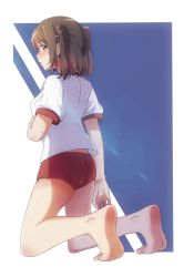 Rule 34 | 10s, 1girl, bare legs, barefoot, brown eyes, brown hair, buruma, casino (casinoep), feet, full body, gym uniform, highres, kantai collection, kneeling, looking to the side, sendai (kancolle), short hair, short sleeves, soles, solo, toes, twintails, two side up