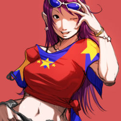 Rule 34 | 1girl, asamiya athena, black eyes, bracelet, breasts, falcoon, jewelry, large breasts, long hair, midriff, navel, necklace, one eye closed, open mouth, purple hair, shirt, smile, snk, solo, star (symbol), sunglasses, sunglasses on head, t-shirt, the king of fighters, wink, wristband