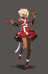Rule 34 | 1girl, absurdres, asymmetrical sleeves, blonde hair, bow, bracelet, brown eyes, commentary, commission, dark-skinned female, dark skin, deel (rkeg), flower, fox mask, grey background, high heels, highres, holding, idol, japanese clothes, jewelry, kimono, looking at viewer, mask, microphone, ninja, obi, one eye closed, open mouth, original, red bow, rose, sash, short hair, short kimono, single thighhigh, skirt, smile, solo, thighhighs, uneven sleeves
