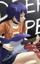 Rule 34 | 1girl, absurdres, audio jack, bass guitar, bedroom, black eyes, blush, boku no hero academia, breasts, choker, collarbone, fengling (furin-jp), highres, instrument, jirou kyouka, legs, long earlobes, music, open mouth, playing instrument, purple hair, short hair, skirt, small breasts, solo