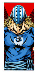 Rule 34 | 1boy, blonde hair, blue shirt, collarbone, commentary request, facial hair, facial hair through mask, goatee, hockey mask, killer (one piece), long hair, male focus, mask, one piece, ooi thisway, shirt, short sleeves, solo