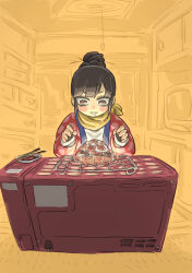 Rule 34 | 1girl, black hair, blush stickers, brown eyes, ceiling light, chiyo maru, chopsticks, commentary request, drooling, food, food request, grin, hair bun, hands up, hanten (clothes), highres, indoors, long sleeves, looking down, monochrome background, original, scarf, shirt, smile, solo, straight-on, television, toaster oven, white shirt, wide-eyed, yellow scarf