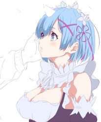 Rule 34 | 10s, 1girl, bare shoulders, blue eyes, blue hair, blush, breasts, cleavage, detached sleeves, eyes visible through hair, frilled sleeves, frills, from side, hair ornament, hair over one eye, hashimoto (frog flag), large breasts, looking up, maid, maid headdress, parted lips, pink ribbon, re:zero kara hajimeru isekai seikatsu, rem (re:zero), ribbon, short hair, solo focus, underbust, x hair ornament