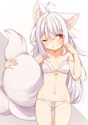 Rule 34 | 1girl, absurdres, animal ear fluff, animal ears, bad id, bad pixiv id, blush, bow, bow bra, bow panties, bra, breasts, collarbone, commentary request, fox ears, fox girl, fox tail, gluteal fold, grey background, groin, hair between eyes, hands up, highres, long hair, minato yu (0514), navel, one eye closed, original, panties, parted lips, red eyes, short eyebrows, silver hair, small breasts, solo, strap slip, tail, thick eyebrows, two-tone background, underwear, very long hair, white background, white bra, white panties