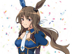 Rule 34 | 1girl, admire vega (umamusume), animal ears, blue dress, breasts, brown eyes, brown hair, closed mouth, commentary request, confetti, dress, hair between eyes, hair ribbon, highres, horse ears, long hair, looking at viewer, medium breasts, necktie, pi-tan (minmin2431), ribbon, simple background, smile, solo, umamusume, upper body, very long hair, white background, white necktie, white ribbon