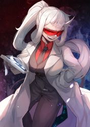 Rule 34 | 1girl, absurdres, black necktie, black pants, black vest, breasts, collared shirt, commentary, formal, glasses, goggles, grin, hand in pocket, helltaker, highres, holding, horns, huge filesize, lab coat, large breasts, long hair, looking at viewer, loremaster (helltaker), necktie, ohako (ohako1818), open mouth, pants, ponytail, red-tinted eyewear, red-tinted glasses, red eyes, red shirt, shirt, smile, smirk, solo, standing, sunglasses, tinted eyewear, very long hair, vest, visor, white hair