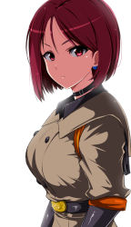 Rule 34 | absurdres, belt, breasts, brown eyes, brown hair, buttons, highres, looking at viewer, military, military uniform, okyou, short hair, simple background, solo, the king of fighters, uniform, whip (kof), white background