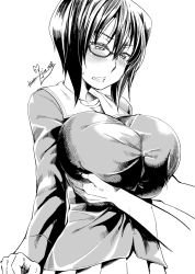 Rule 34 | 10s, 1girl, artist name, blush, grabbing another&#039;s breast, breasts, female focus, girls und panzer, glasses, grabbing, greyscale, huge breasts, impossible clothes, impossible shirt, jin nai, kawashima momo, monochrome, out of frame, school uniform, shirt, skirt, solo focus, uniform, white background
