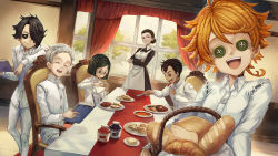 Rule 34 | 3boys, 3girls, :d, ahoge, apron, arms under breasts, arms up, basket, black dress, black eyes, black hair, book, bread, bread slice, breasts, brown eyes, butter, button eyes, buttons, chair, closed eyes, commentary request, coraline, croissant, crossed arms, cup, curtains, dark-skinned male, dark skin, don (yakusoku no neverland), dress, eating, emma (yakusoku no neverland), food, full body, gilda (yakusoku no neverland), glass, green eyes, hair bun, hair over one eye, hair up, highres, holding, holding basket, holding book, holding cup, identity v, indoors, isabella (yakusoku no neverland), jam, long sleeves, looking at viewer, medium breasts, milk, mito itsuki, mother and son, multiple boys, multiple girls, neck tattoo, norman (yakusoku no neverland), number tattoo, open mouth, orange hair, pants, pitcher (container), plate, potato, pouring, ray (yakusoku no neverland), rice, sausage, shirt, short hair, single hair bun, sitting, smile, smirk, soup, steak, stitches, table, tablecloth, tattoo, teeth, toast, tree, upper teeth only, white apron, white pants, white shirt, window, yakusoku no neverland, yarn