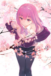 Rule 34 | 1girl, baisi shaonian, bent over, black pantyhose, black skirt, bow, bowtie, cherry blossoms, closed mouth, flower, gridman universe, hands on own hips, highres, looking at viewer, pantyhose, pink hair, purple bow, purple bowtie, red eyes, shinjou akane, shirt, short hair, skirt, solo, ssss.gridman, standing, white shirt