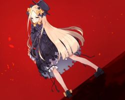 Rule 34 | 1girl, abigail williams (fate), black bow, black dress, black footwear, black hat, blonde hair, bloomers, blush, bow, dress, fate/grand order, fate (series), from behind, hair bow, hat, holding, holding stuffed toy, long hair, long sleeves, looking at viewer, looking back, orange bow, parted bangs, red background, ribbed dress, shoes, solo, stuffed animal, stuffed toy, teddy bear, underwear, very long hair, wataro (watawatawatapon)