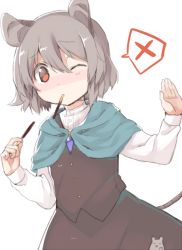 Rule 34 | 1girl, akagashi hagane, animal ears, blush, capelet, food, grey hair, hands up, jewelry, mouse (animal), mouse ears, mouse tail, mouth hold, nazrin, one eye closed, pendant, pocky, red eyes, short hair, simple background, skirt, solo, tail, touhou, white background